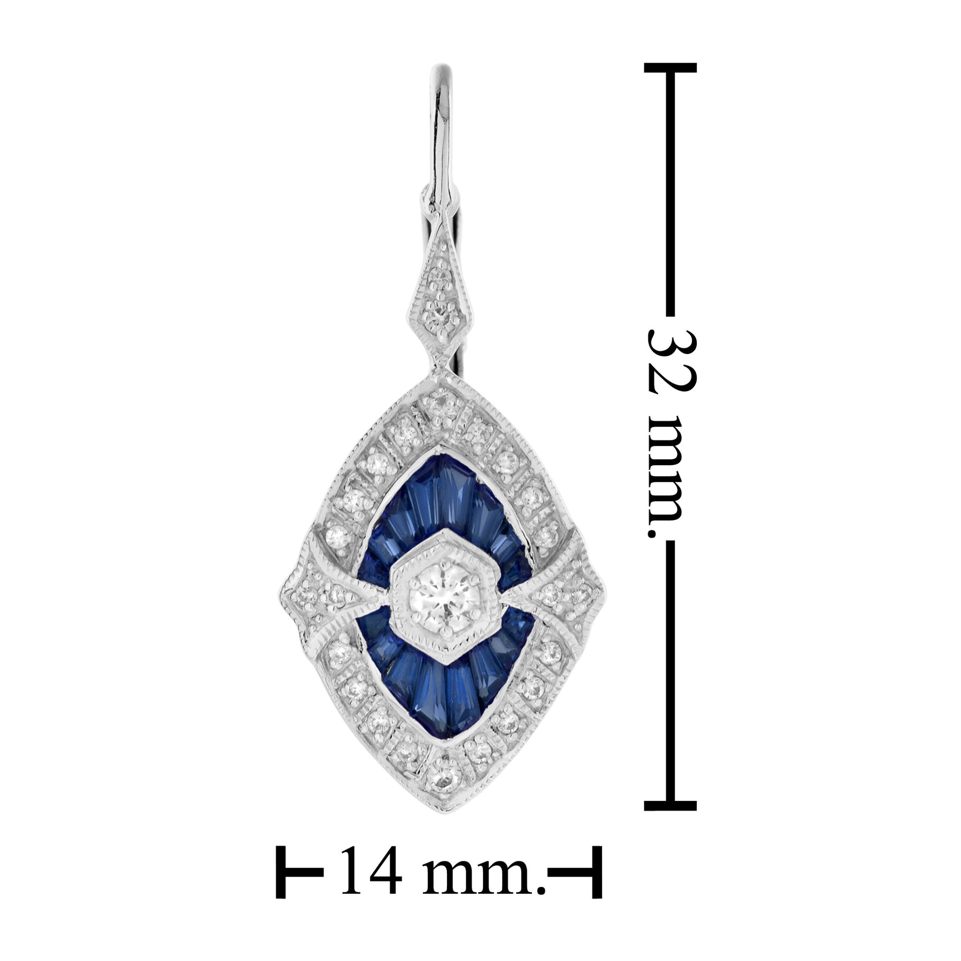 Diamond & French Cut Blue Sapphire Art Deco Inspired Drop White Gold Earrings