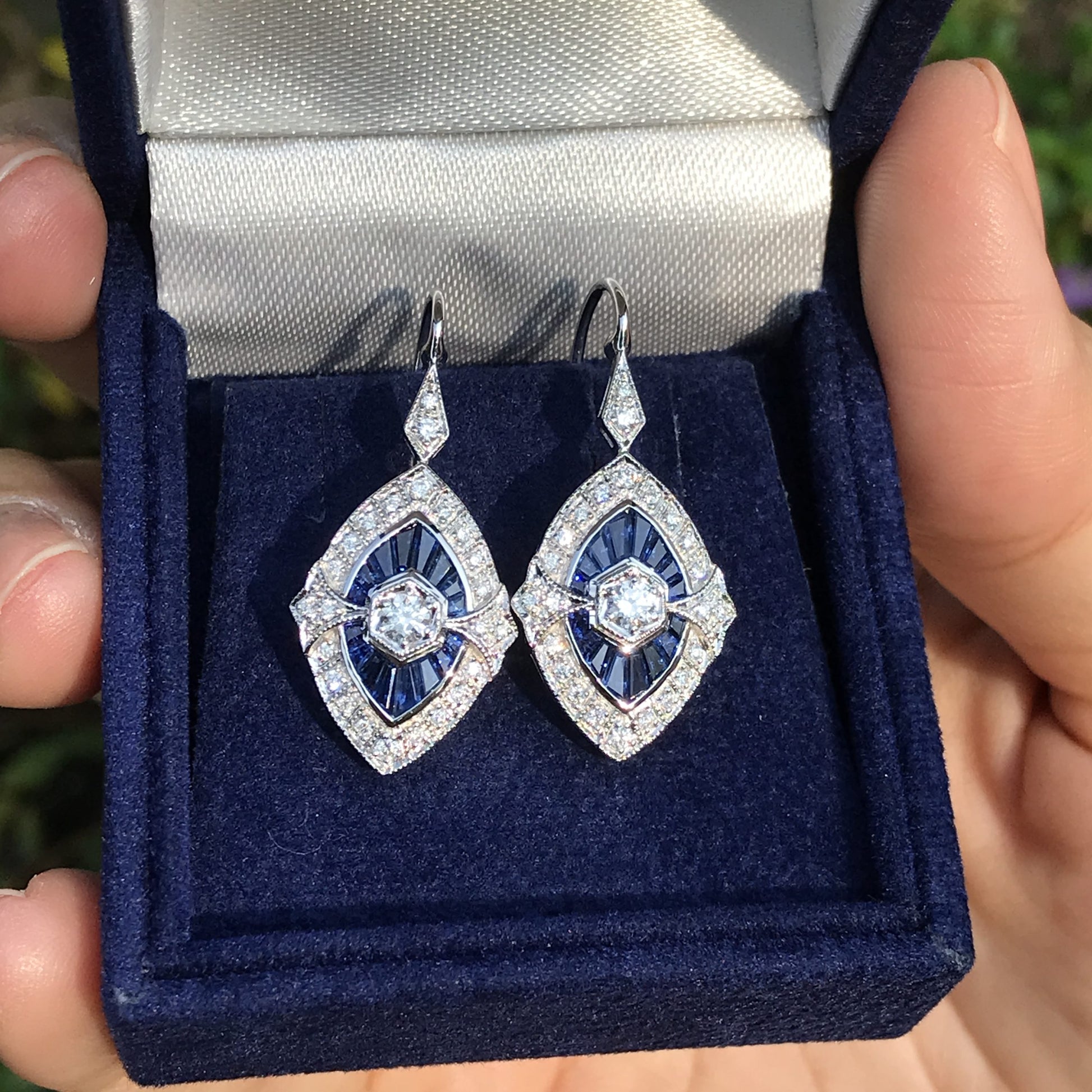 Diamond & French Cut Blue Sapphire Art Deco Inspired Drop White Gold Earrings