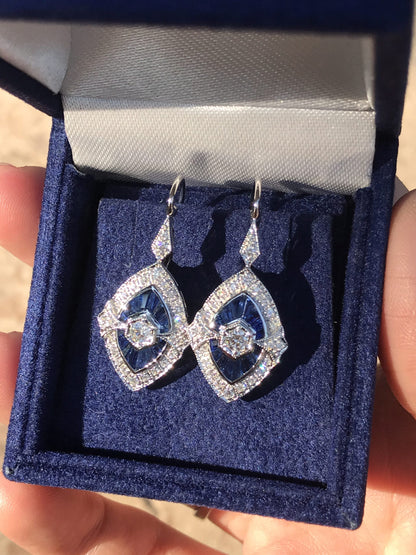 Diamond & French Cut Blue Sapphire Art Deco Inspired Drop White Gold Earrings