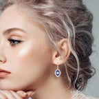 Diamond & French Cut Blue Sapphire Art Deco Inspired Drop White Gold Earrings
