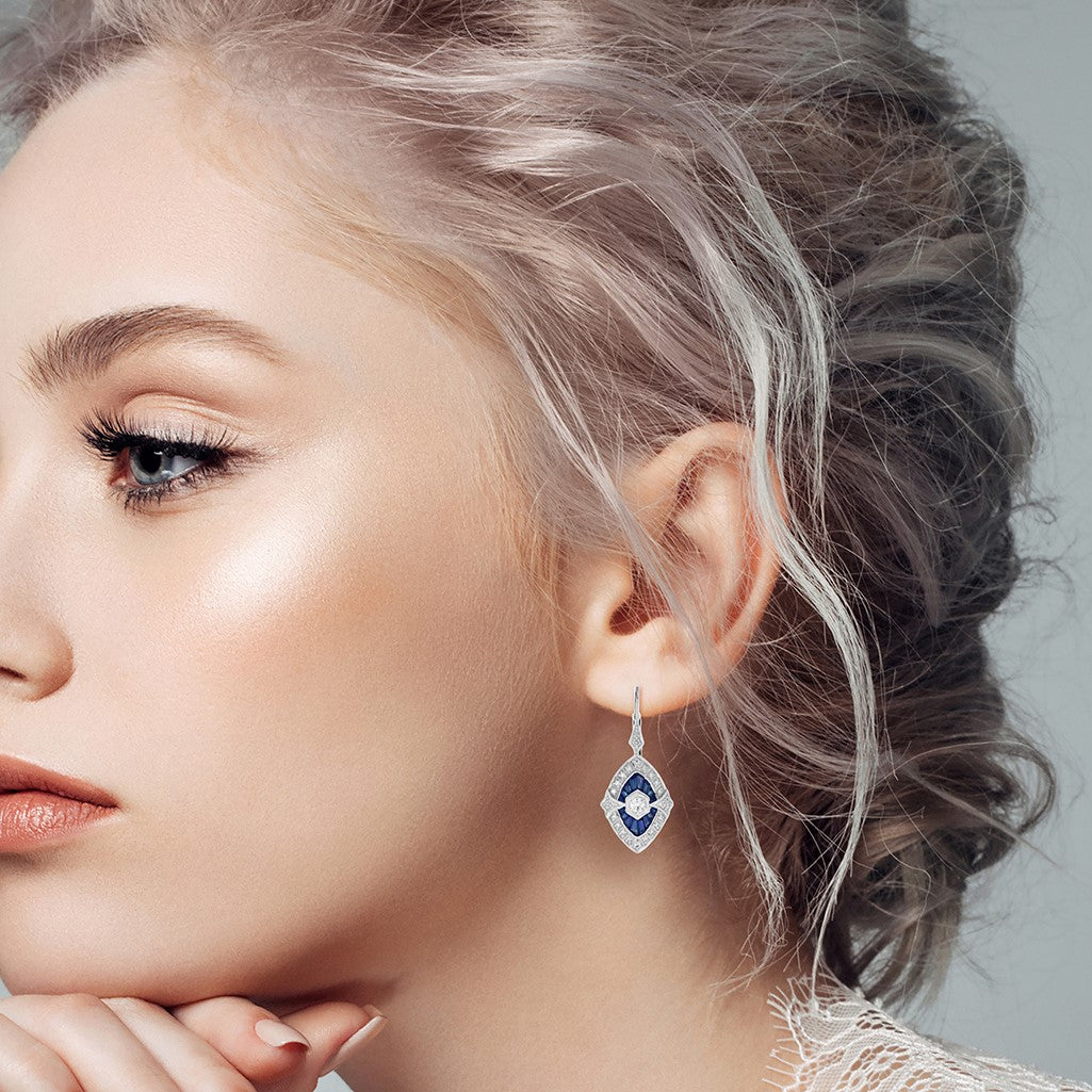 Diamond & French Cut Blue Sapphire Art Deco Inspired Drop White Gold Earrings