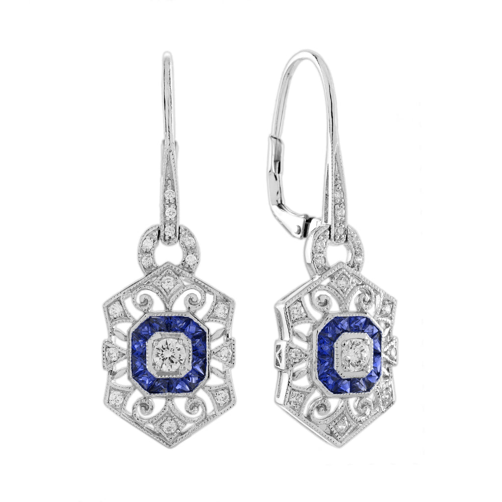 Diamond & Sapphire Art Deco Style Ring Earrings White Gold Jewelry Set