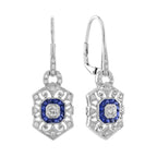 Diamond & Sapphire Art Deco Style Ring Earrings White Gold Jewelry Set