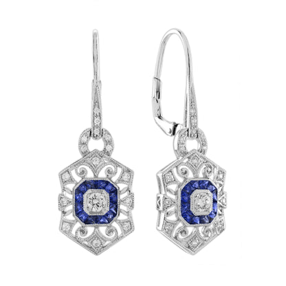 Diamond &amp; Sapphire Art Deco Style Ring Earrings White Gold Jewelry Set