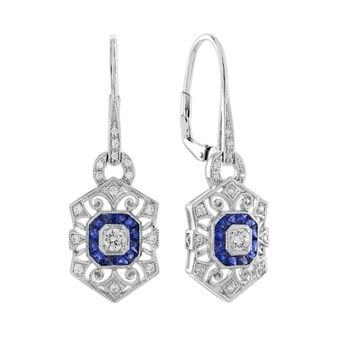 Diamond Sapphire Vintage Inspired Art Deco Style Openwork Drop White Earrings