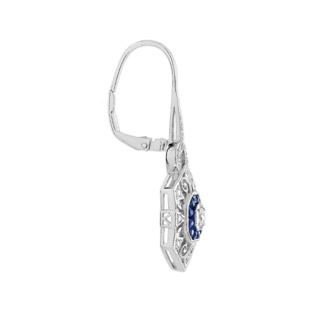 Diamond & Sapphire Art Deco Style Ring Earrings White Gold Jewelry Set
