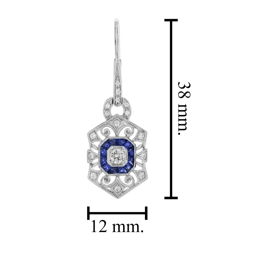 Diamond Sapphire Vintage Inspired Art Deco Style Openwork Drop White Earrings