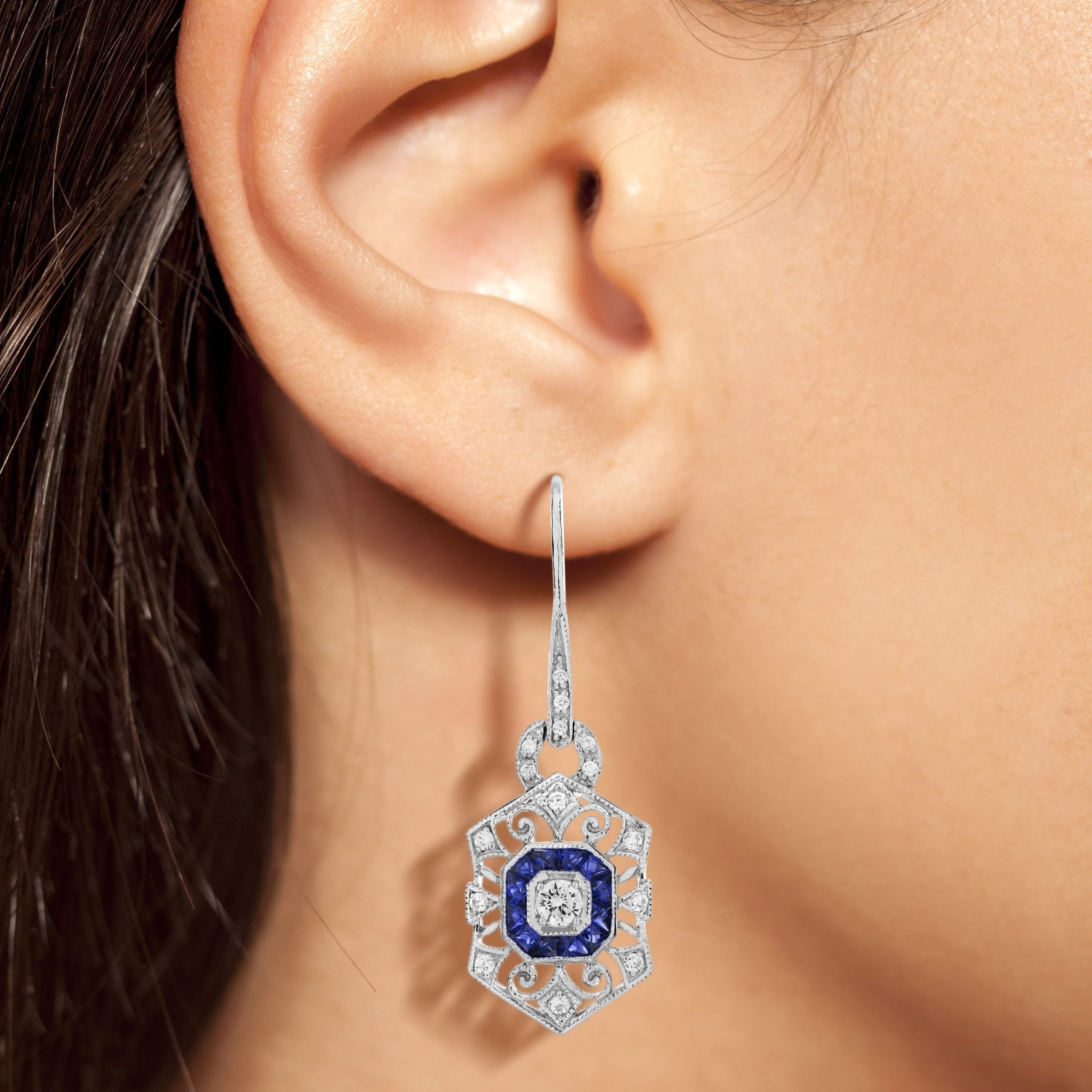 Diamond Sapphire Vintage Inspired Art Deco Style Openwork Drop White Earrings