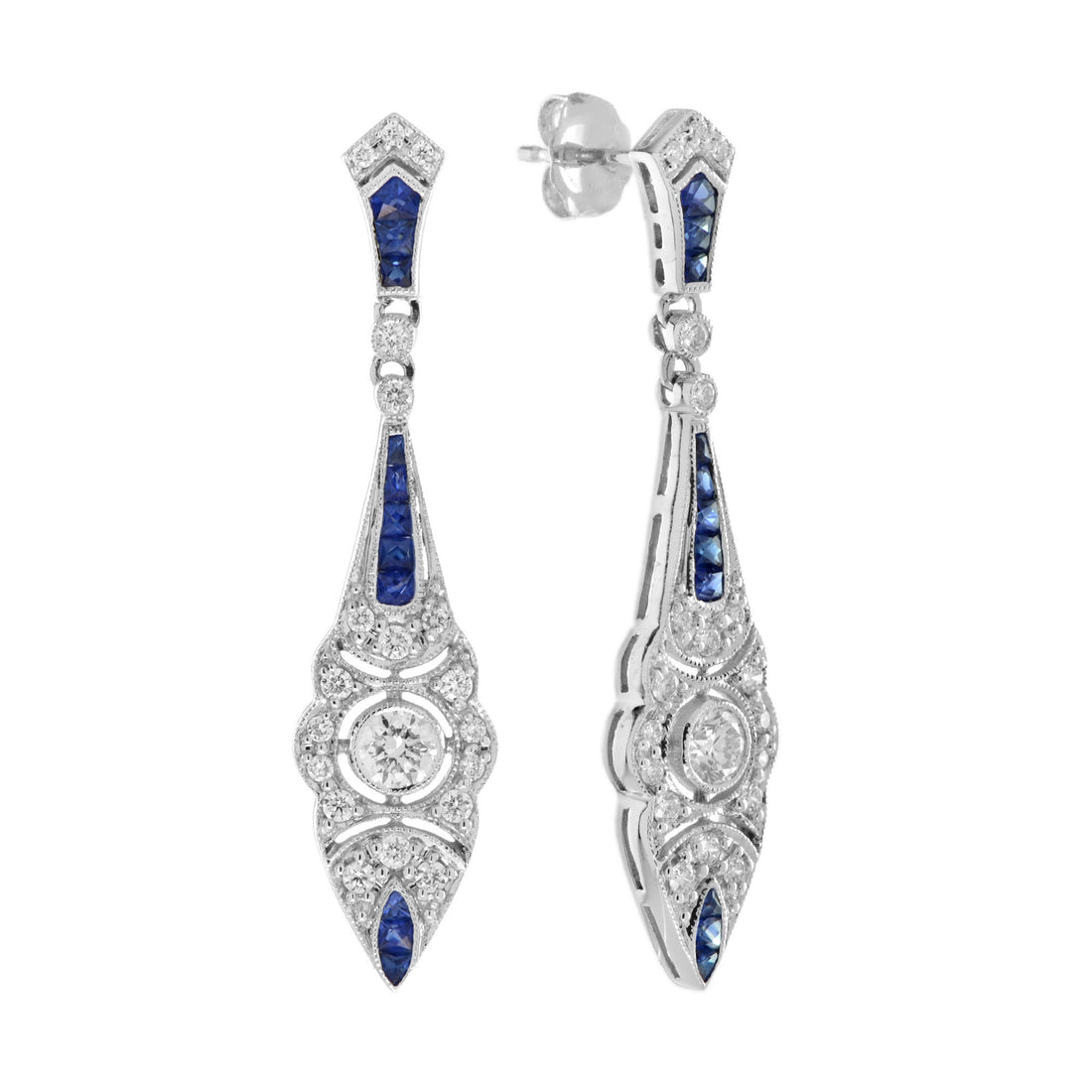 Art Deco Style Diamond & Blue Sapphire Drop 14K White Gold Drop Earrings