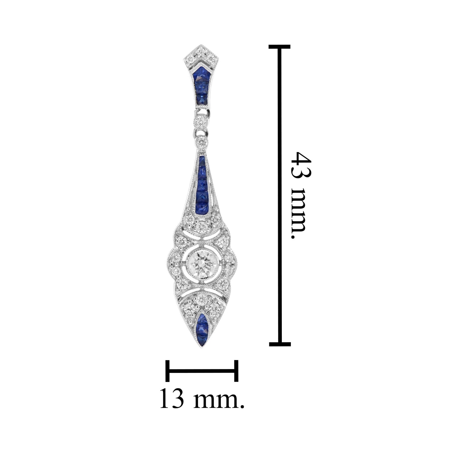 art deco style diamond & blue sapphire drop 14k white gold drop earrings