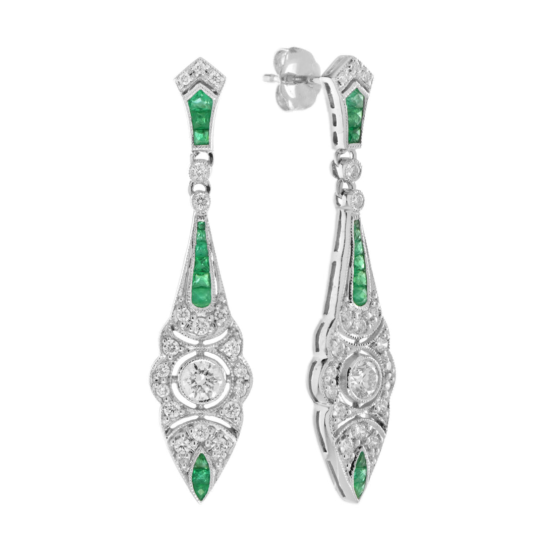 Art Deco Style Diamond & Emerald Drop 14K White Gold Dangle Earrings
