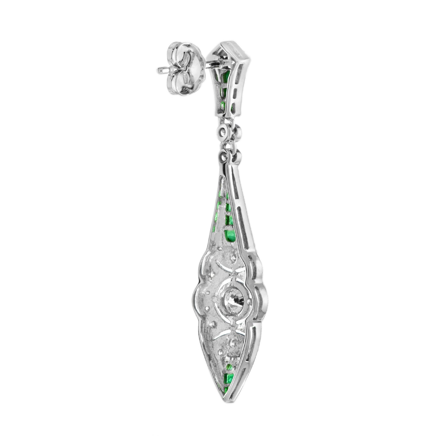 art deco style diamond & emerald drop 14k white gold dangle earrings
