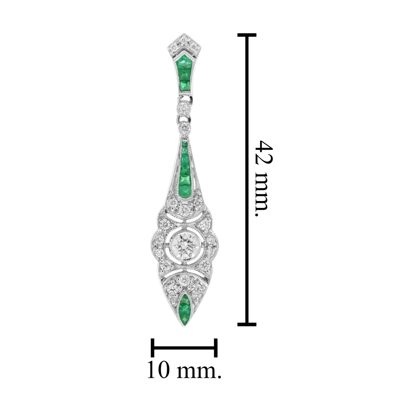 art deco style diamond & emerald drop 14k white gold dangle earrings