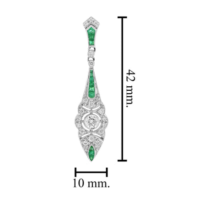 Art Deco Style Diamond & Emerald Drop 14K White Gold Dangle Earrings
