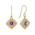 Purple Violet Amethyst & Pearl Vintage Style Drop 14K Yellow Gold Earrings