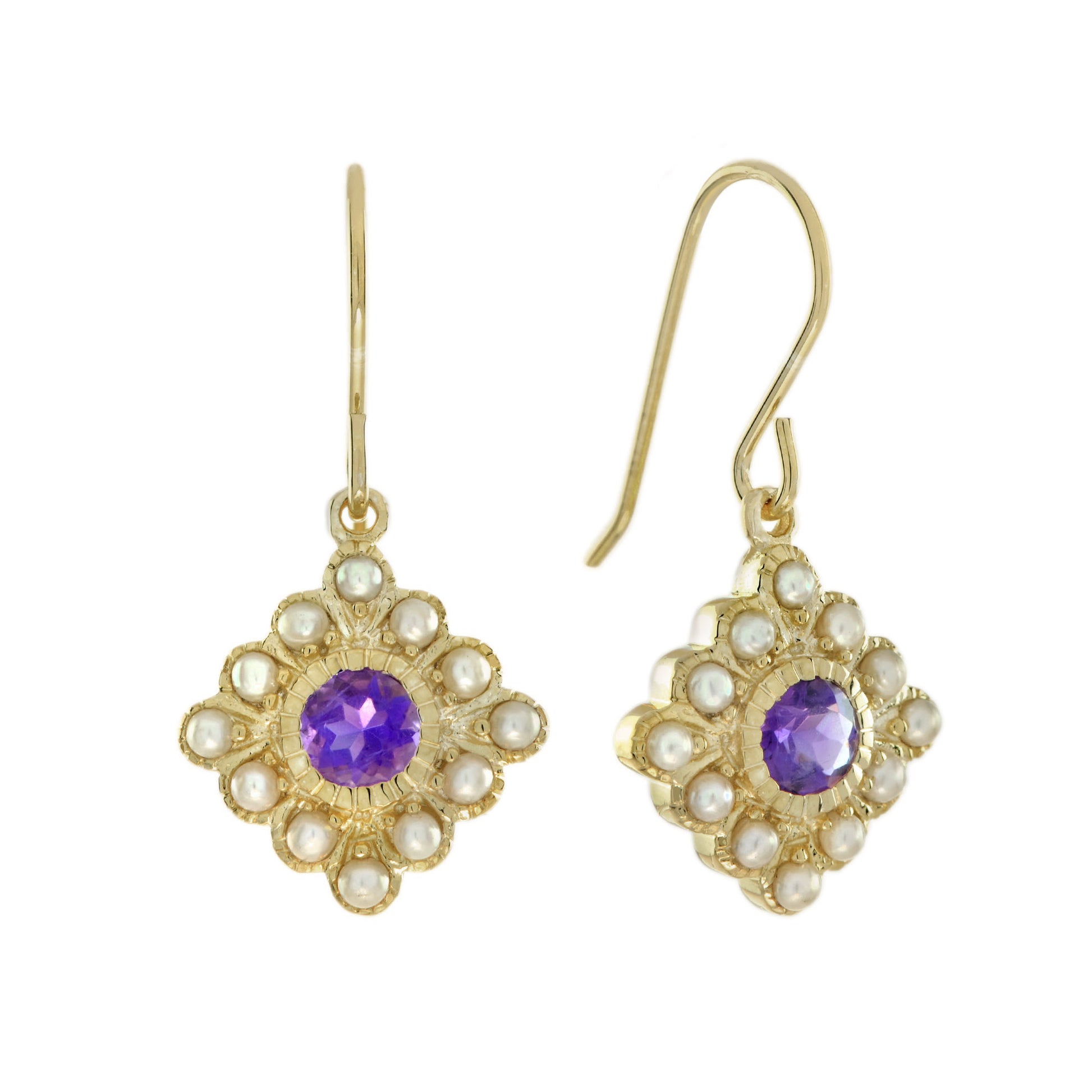 Purple Violet Amethyst & Pearl Vintage Style Drop 14K Yellow Gold Earrings
