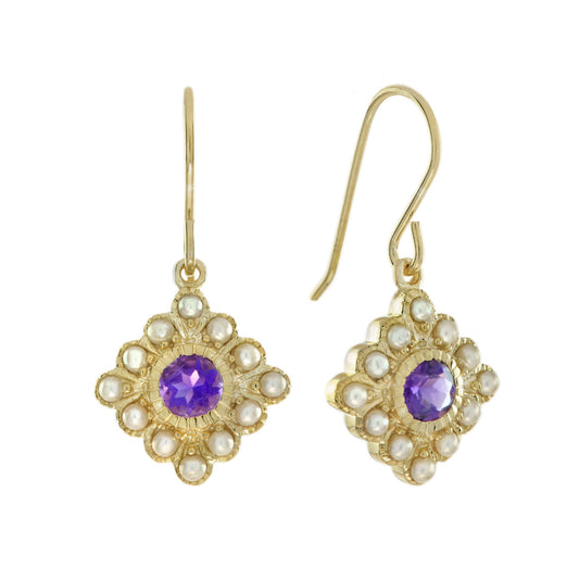 Purple Violet Amethyst & Pearl Vintage Style Drop 14K Yellow Gold Earrings
