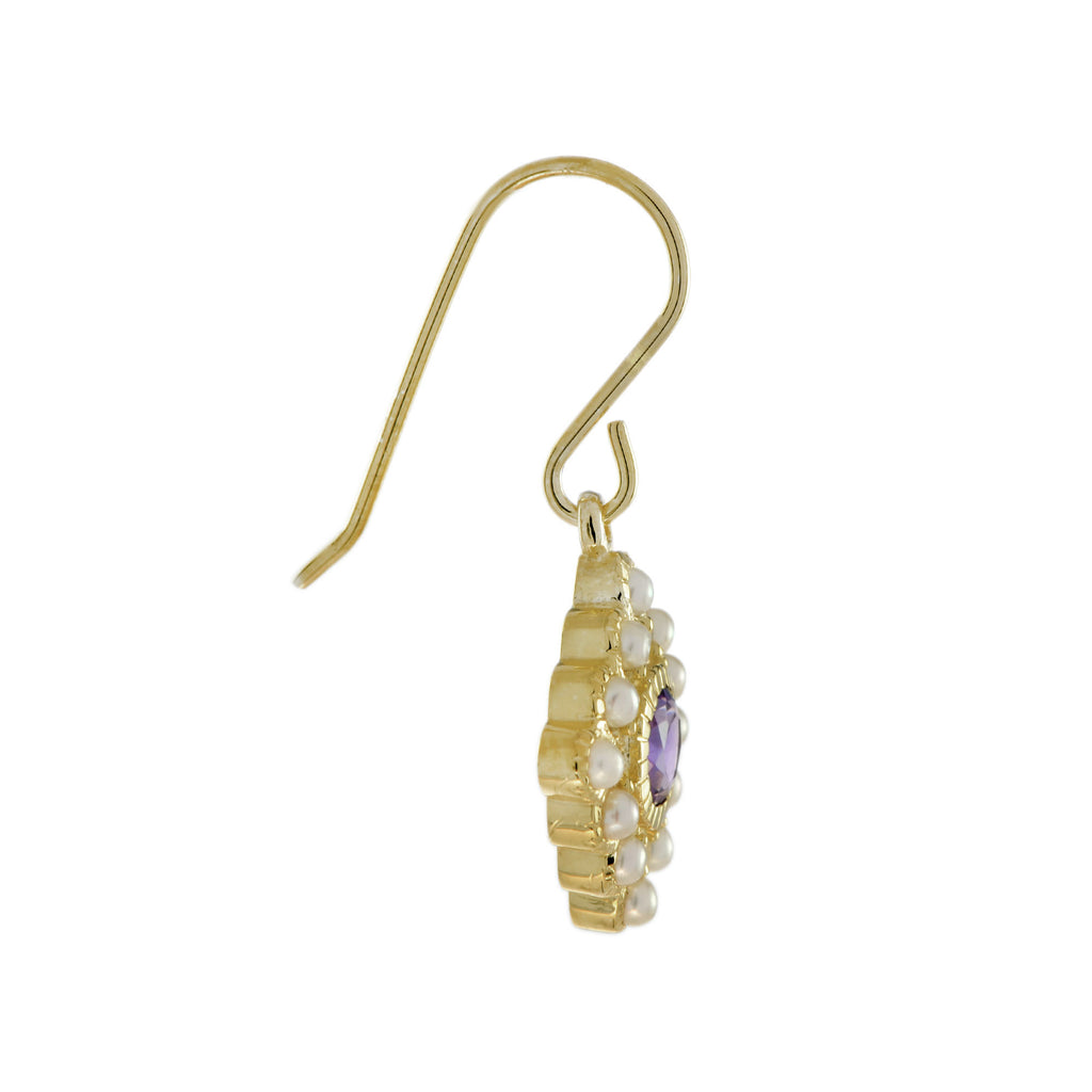 Purple Violet Amethyst & Pearl Vintage Style Drop 14K Yellow Gold Earrings