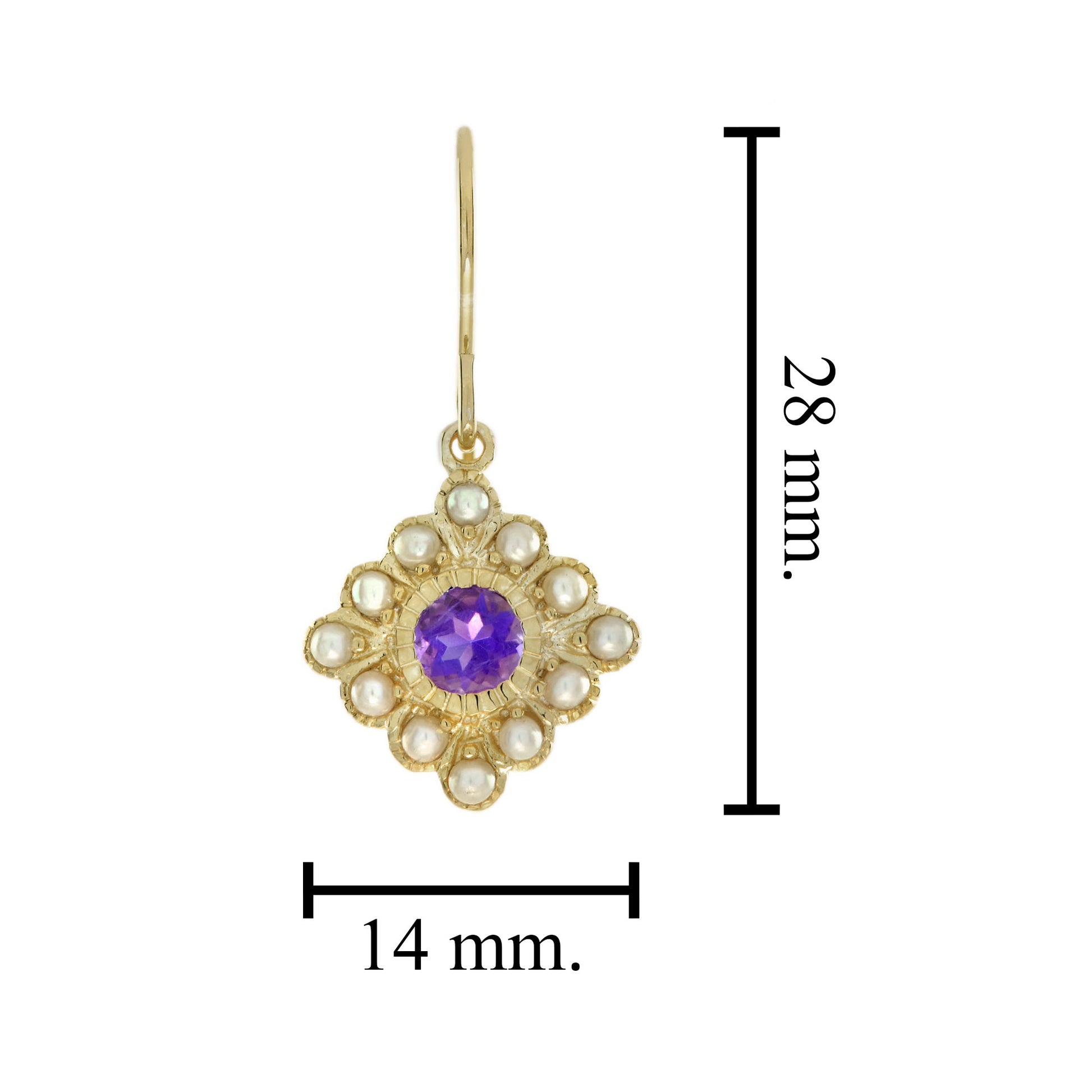 Purple Violet Amethyst & Pearl Vintage Style Drop 14K Yellow Gold Earrings