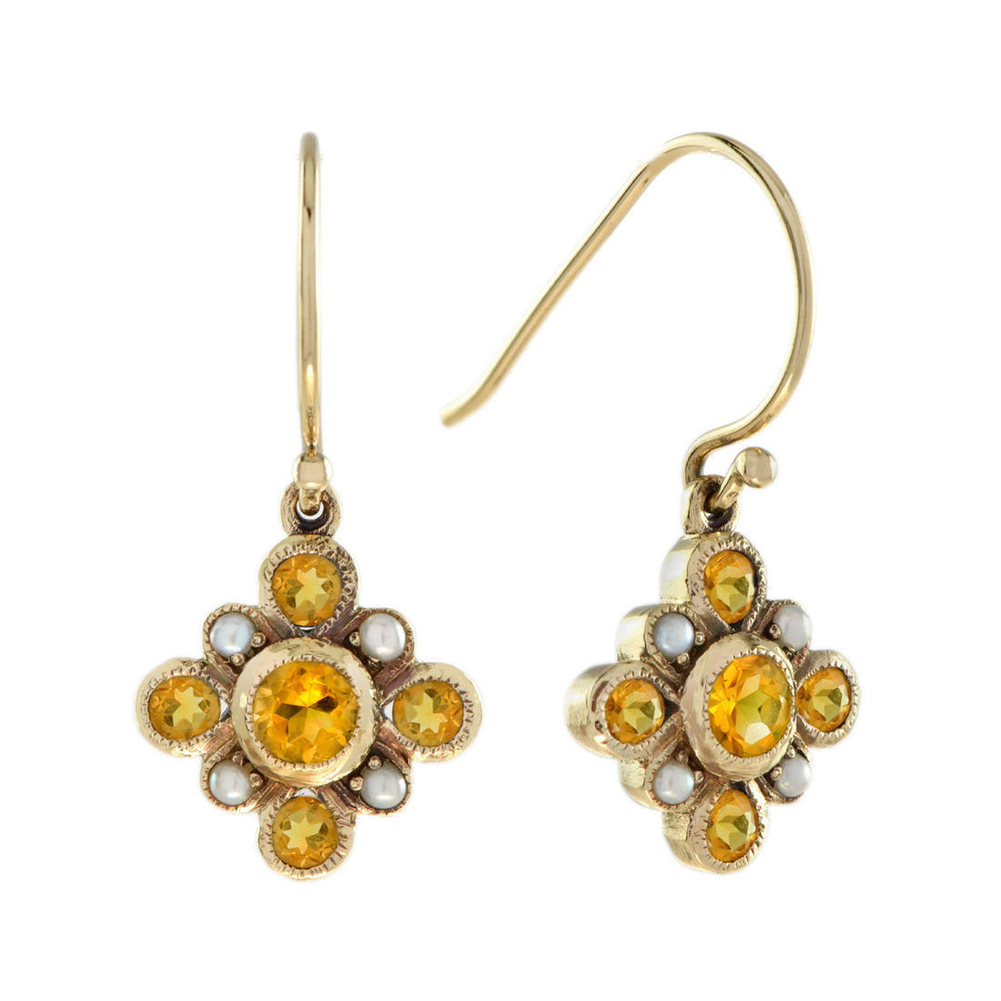 Orange Citrine & Pearl Vintage Style Cluster Drop Yellow Gold Earrings