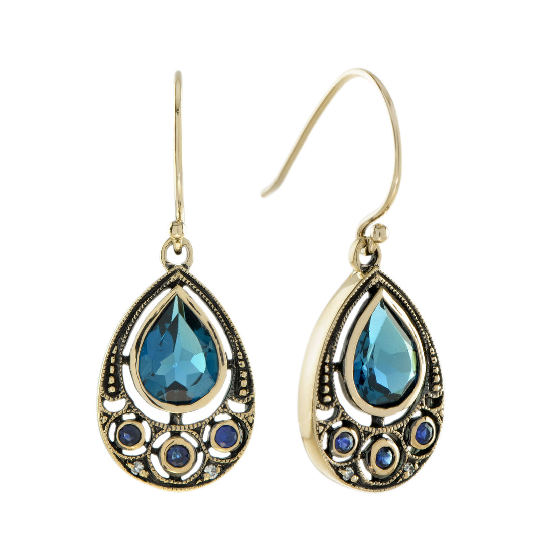 Vintage Style London Blue Topaz Blue Sapphire Diamond 9K Gold Dangle Earrings