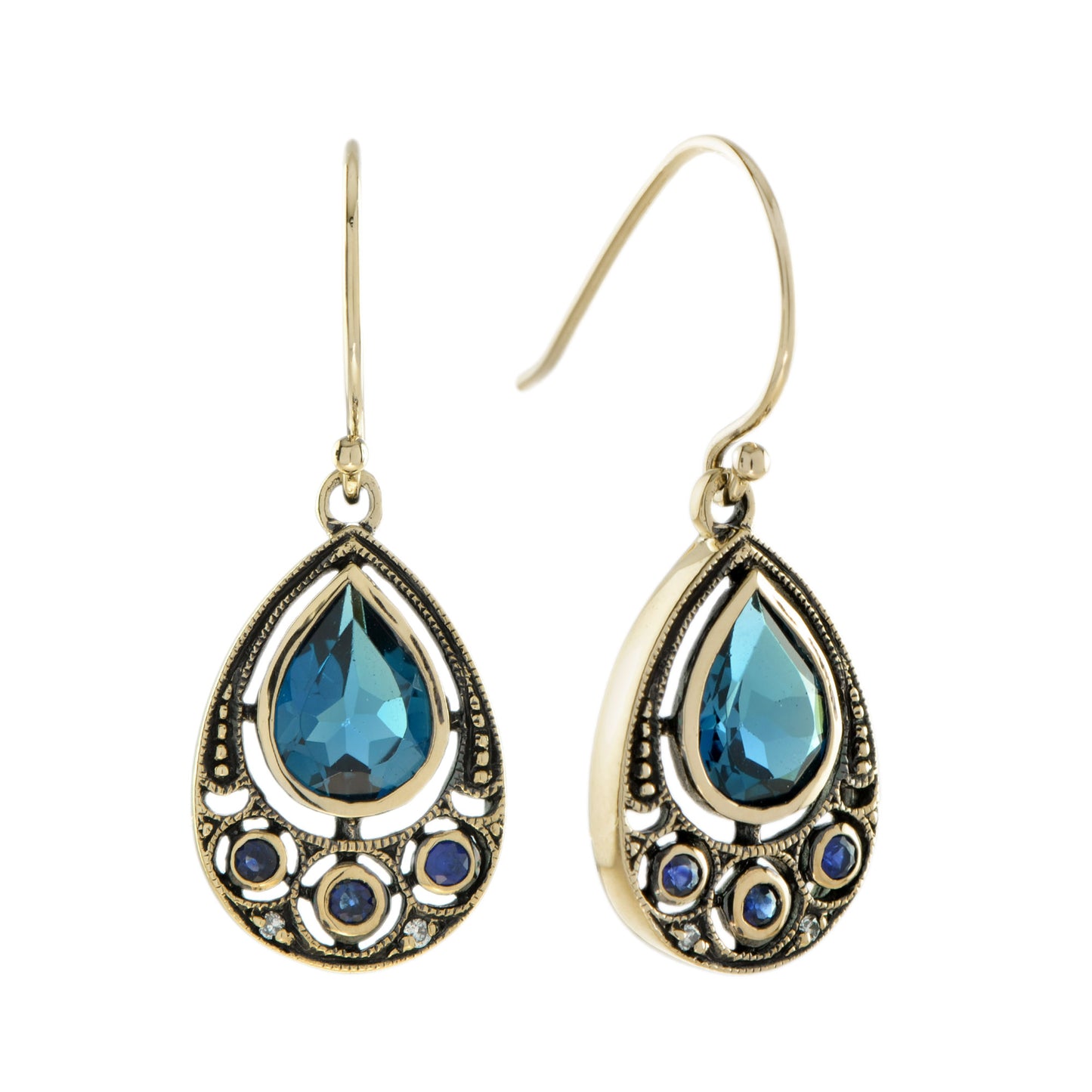vintage style london blue topaz blue sapphire diamond 9k gold dangle earrings