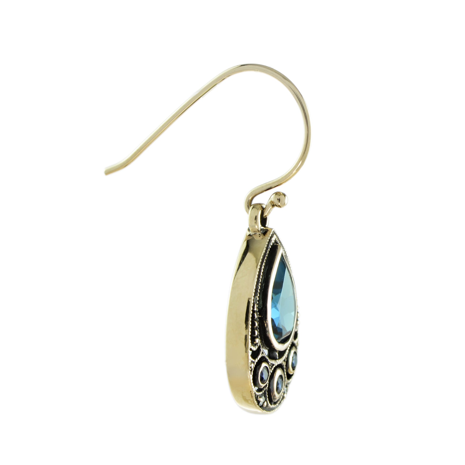 Vintage Style London Blue Topaz Blue Sapphire Diamond 9K Gold Dangle Earrings