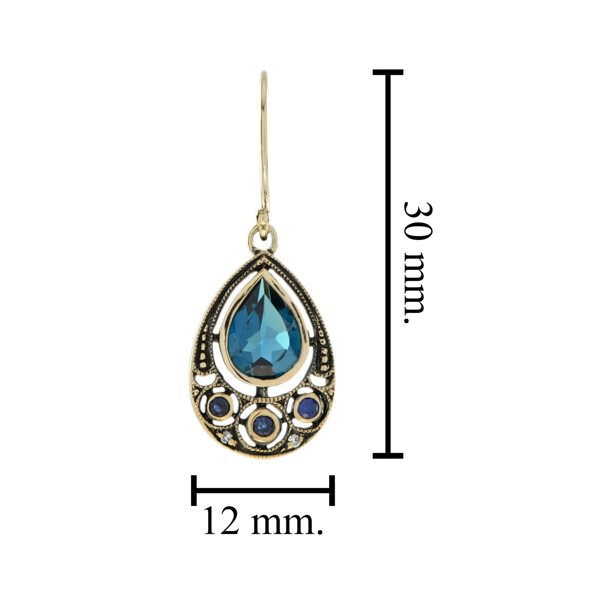 Vintage Style London Blue Topaz Blue Sapphire Diamond 9K Gold Dangle Earrings