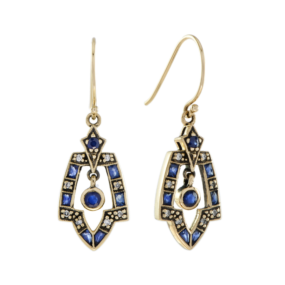 Vintage Style Blue Sapphire & Diamond Dangle 9K Gold Dangle Drop Earrings
