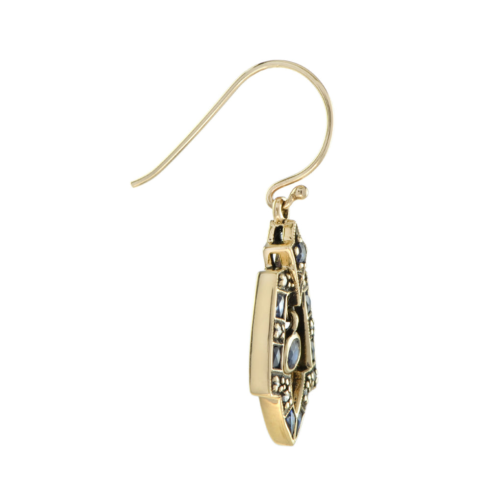 Vintage Style Blue Sapphire & Diamond Dangle 9K Gold Dangle Drop Earrings