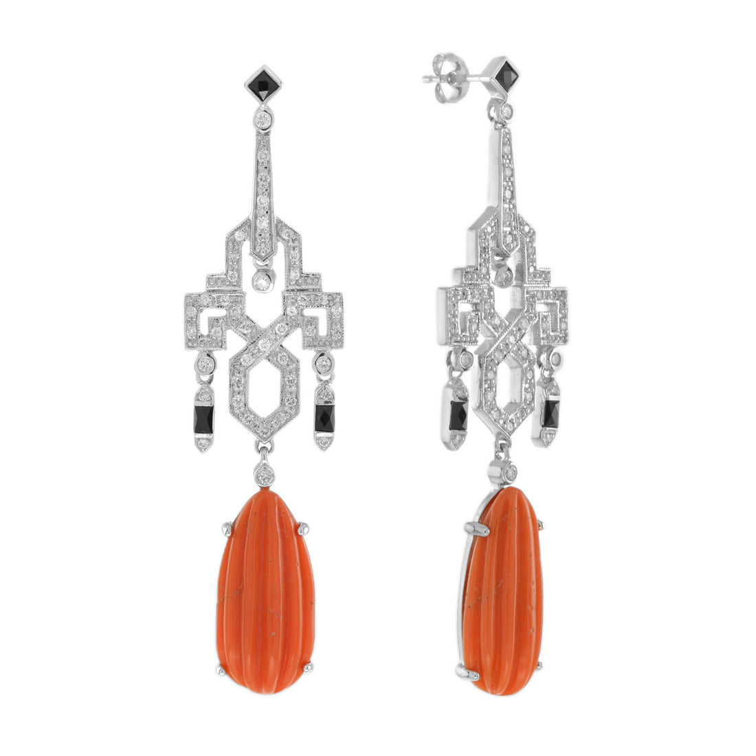 Red Orange Coral & Diamond Black Onyx Drop 14K White Gold Earrings