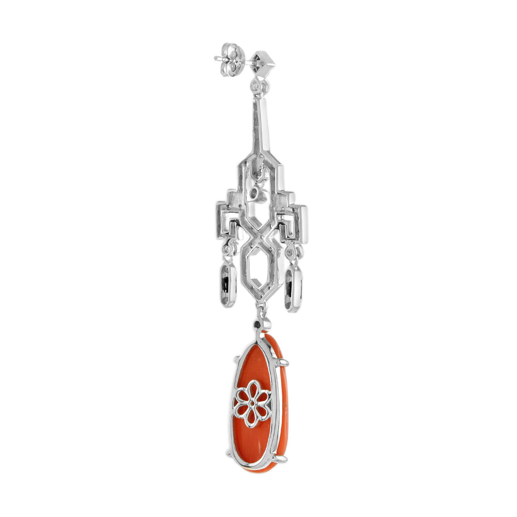 Red Orange Coral & Diamond Black Onyx Drop 14K White Gold Earrings