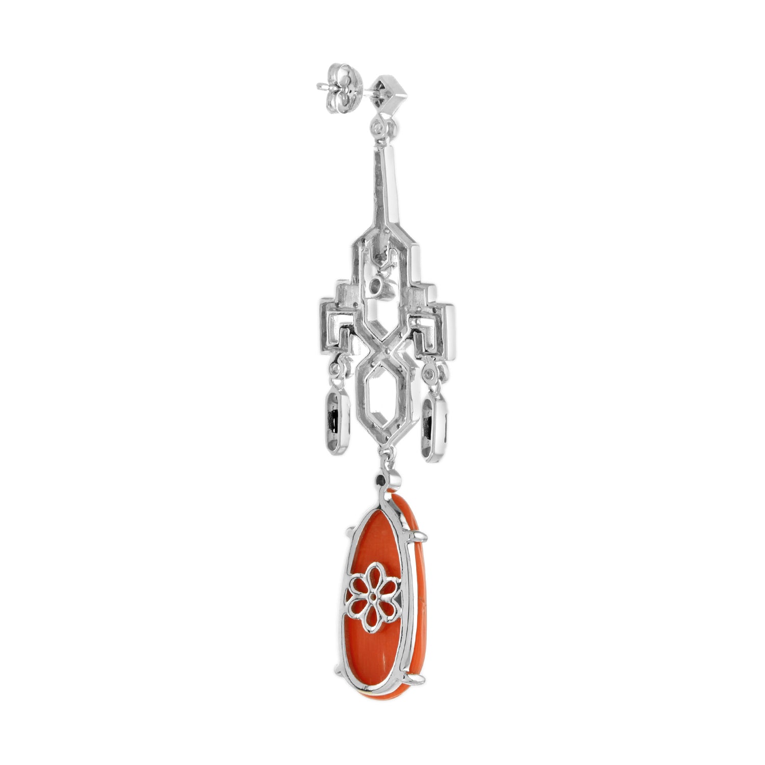 Red Orange Coral &amp; Diamond Black Onyx Drop 14K White Gold Earrings