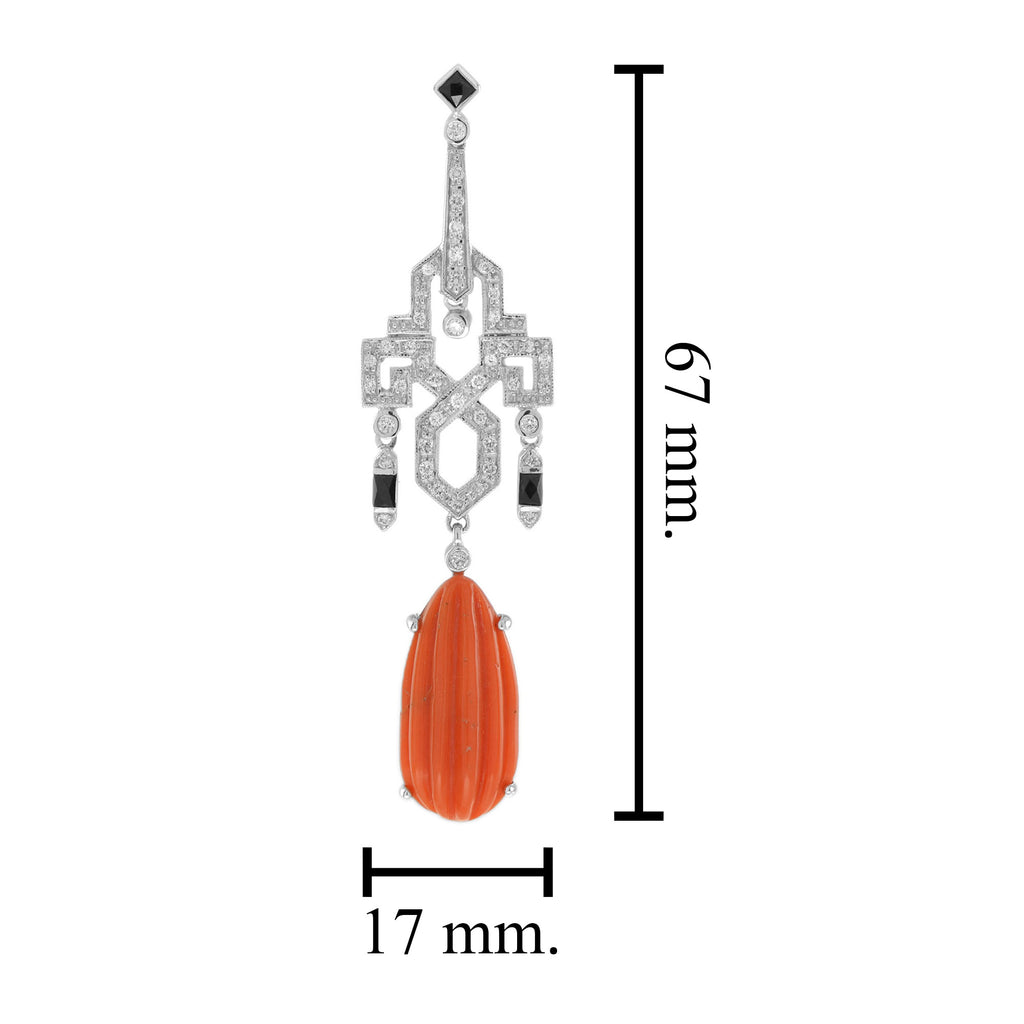 Red Orange Coral & Diamond Black Onyx Drop 14K White Gold Earrings