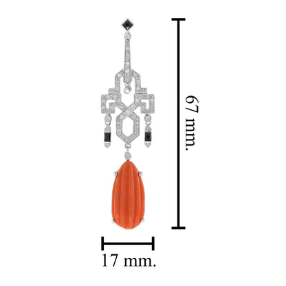 Red Orange Coral &amp; Diamond Black Onyx Drop 14K White Gold Earrings