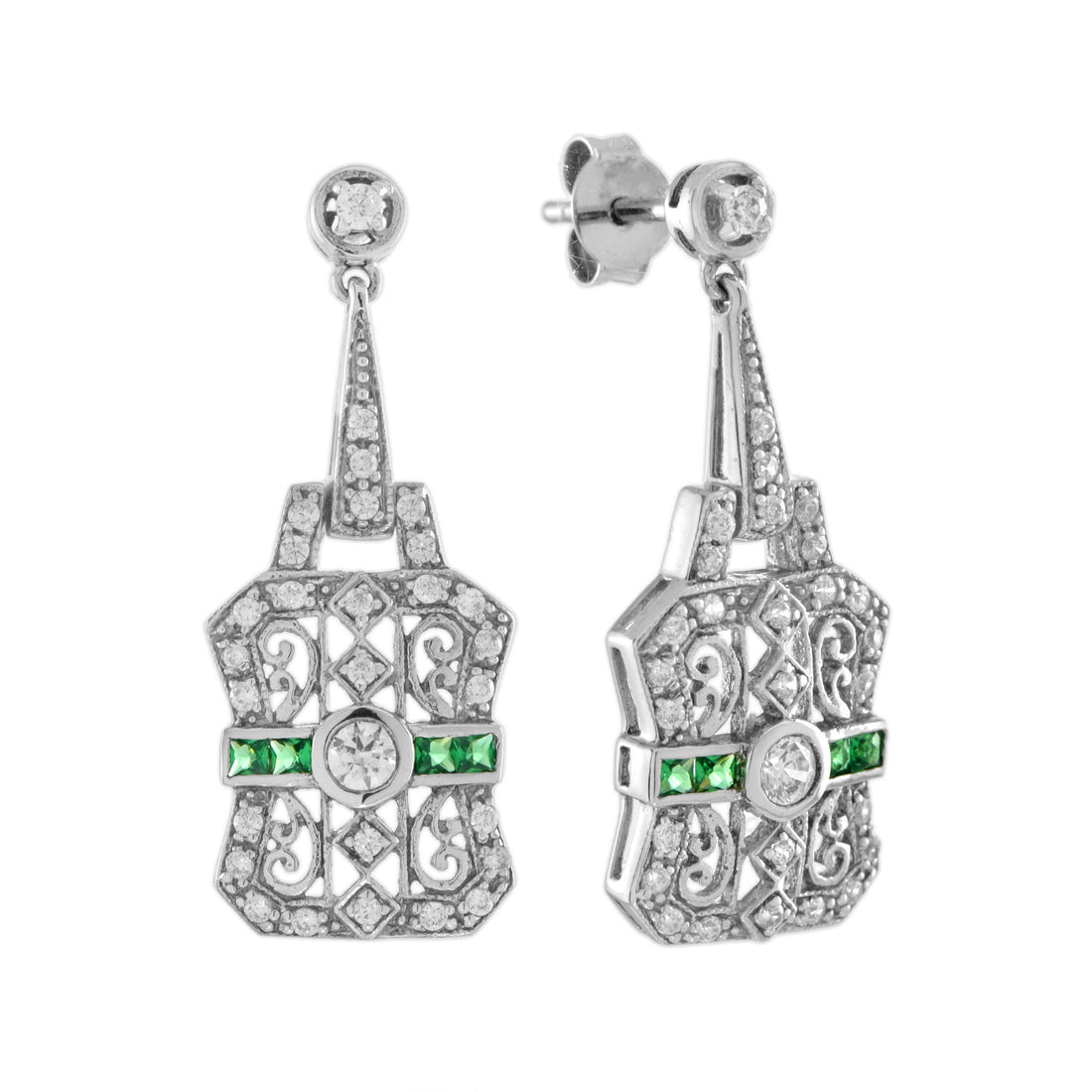 Diamond & Emerald Art Deco Style Filigree Drop 14K White Gold Earrings