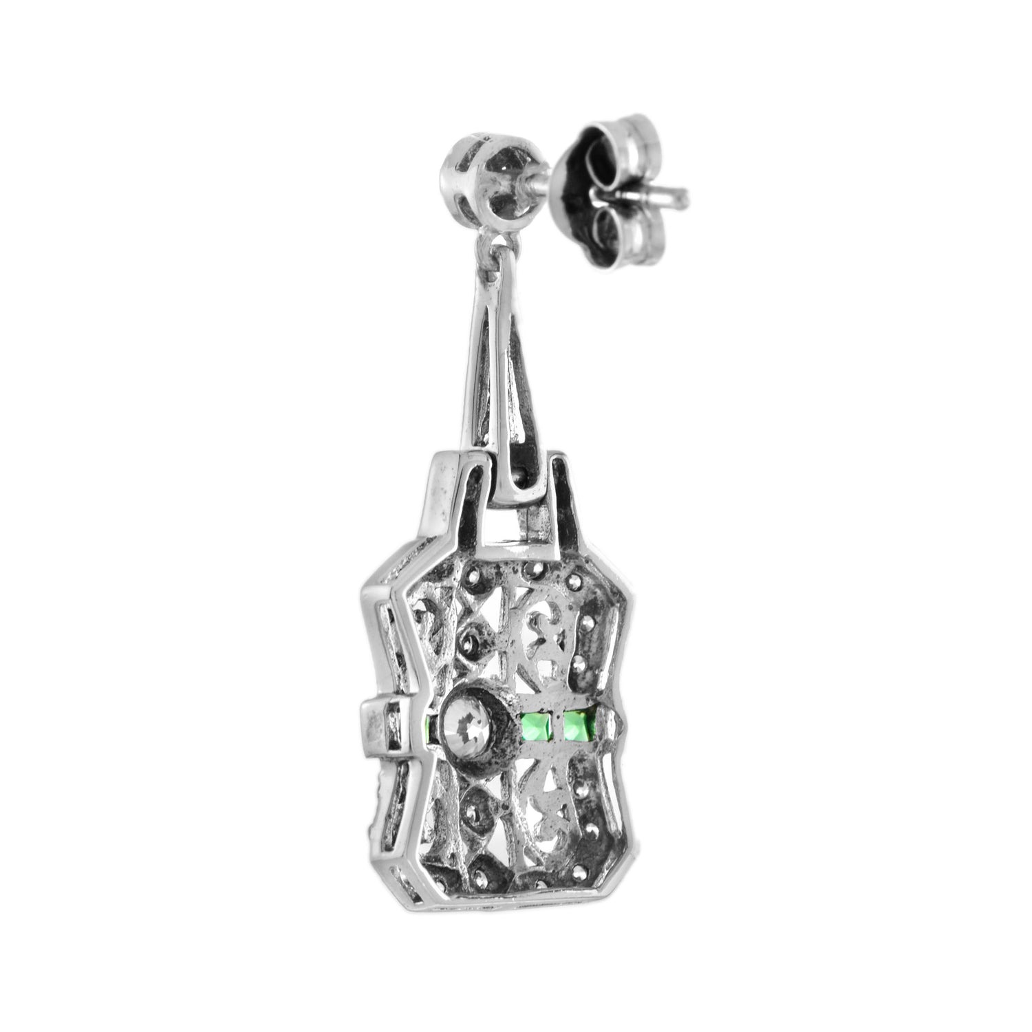 Diamond &amp; Emerald Art Deco Style Filigree Drop 14K White Gold Earrings