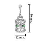 Diamond & Emerald Art Deco Style Filigree Drop 14K White Gold Earrings