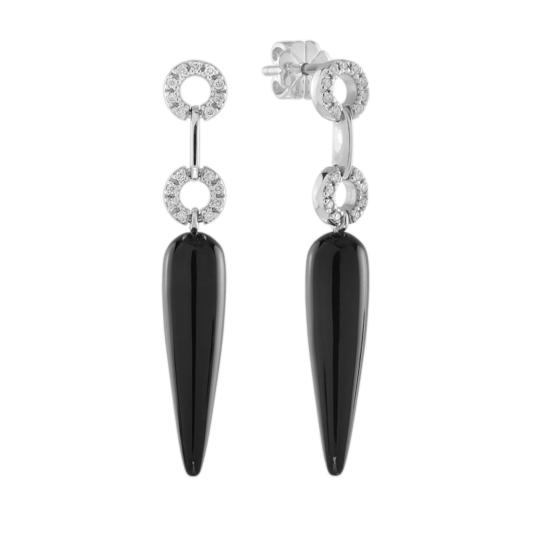 Chili Black Onyx &amp; Diamond Art Deco Style Drop 14K White Gold Earrings