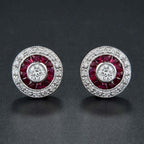 Round Diamond & Red Ruby Double Halo Vintage Style Stud White Gold Earrings