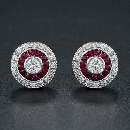 Round Diamond & Red Ruby Double Halo Vintage Style Stud White Gold Earrings