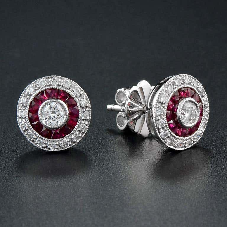 Round Diamond & Red Ruby Double Halo Vintage Style Stud White Gold Earrings