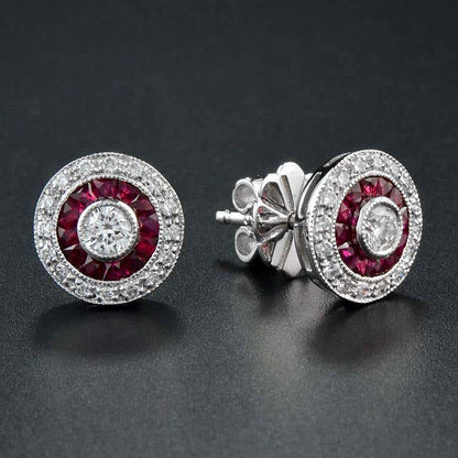 Round Diamond & Red Ruby Double Halo Vintage Style Stud White Gold Earrings