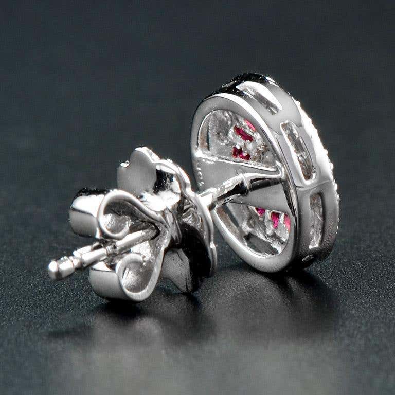 round diamond & red ruby double halo vintage style stud white gold earrings