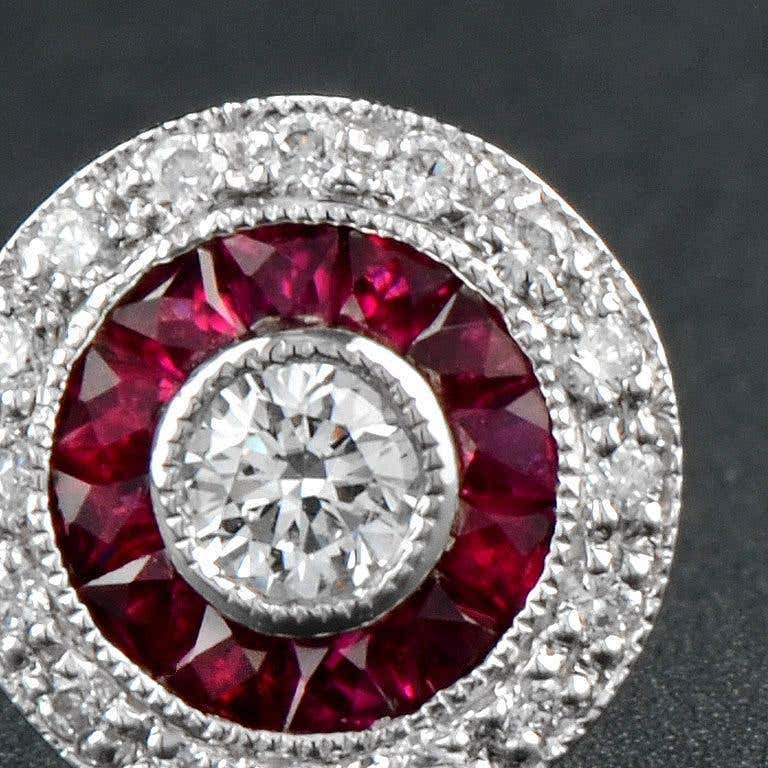 Round Diamond & Red Ruby Double Halo Vintage Style Stud White Gold Earrings
