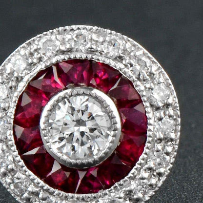Round Diamond & Red Ruby Double Halo Vintage Style Stud White Gold Earrings