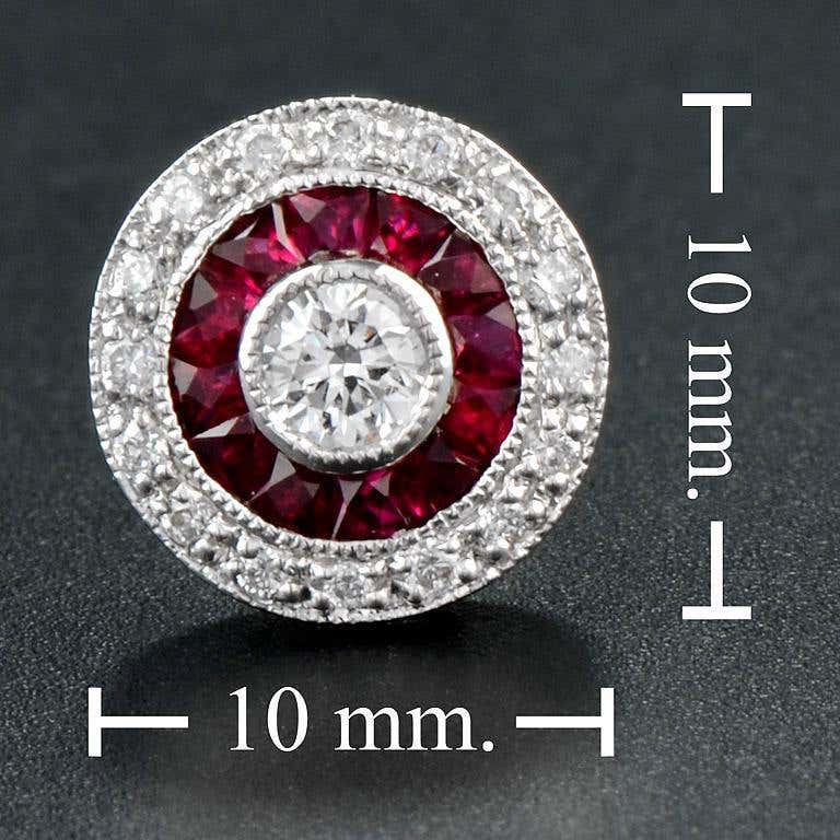 Round Diamond & Red Ruby Double Halo Vintage Style Stud White Gold Earrings