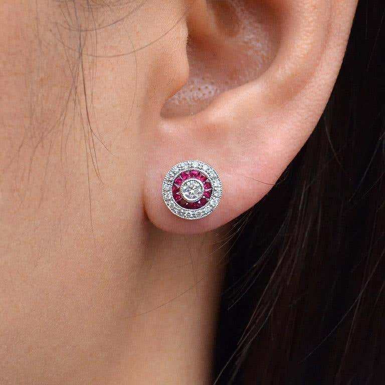 Round Diamond & Red Ruby Double Halo Vintage Style Stud White Gold Earrings