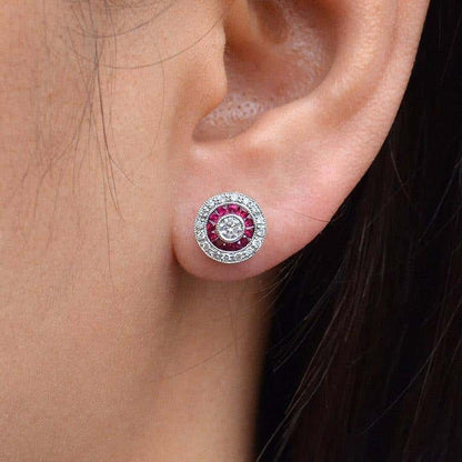 Round Diamond & Red Ruby Double Halo Vintage Style Stud White Gold Earrings