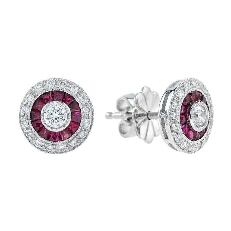 Round Diamond & Red Ruby Double Halo Vintage Style Stud White Gold Earrings